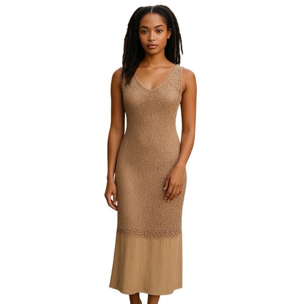 Tan Resort Boho Crochet Resort Womens Maxi Dress Large 10 Festival Beach Vacay